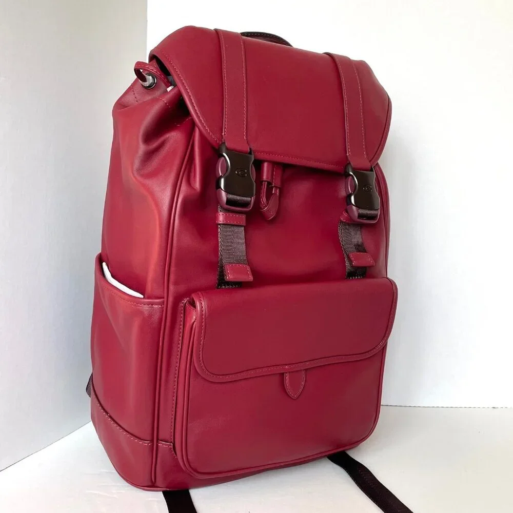 Coach League Flap Backpack Dark Ruby Leather Laptop Bag Mens